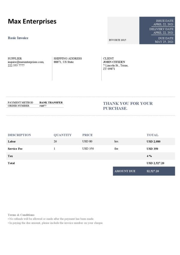 USA Max Enterprises invoice template in Word and PDF format, fully editable