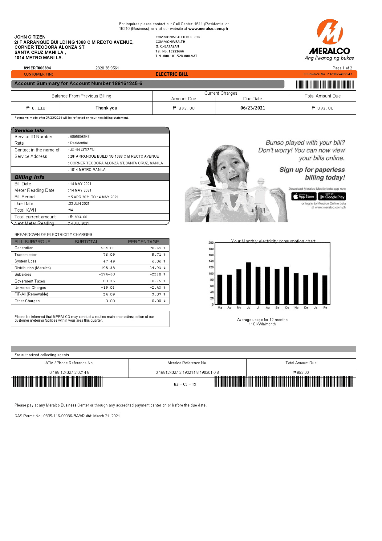 Meralco-1.png Philippines Meralco electricity utility bill template, fully editable in PSD format