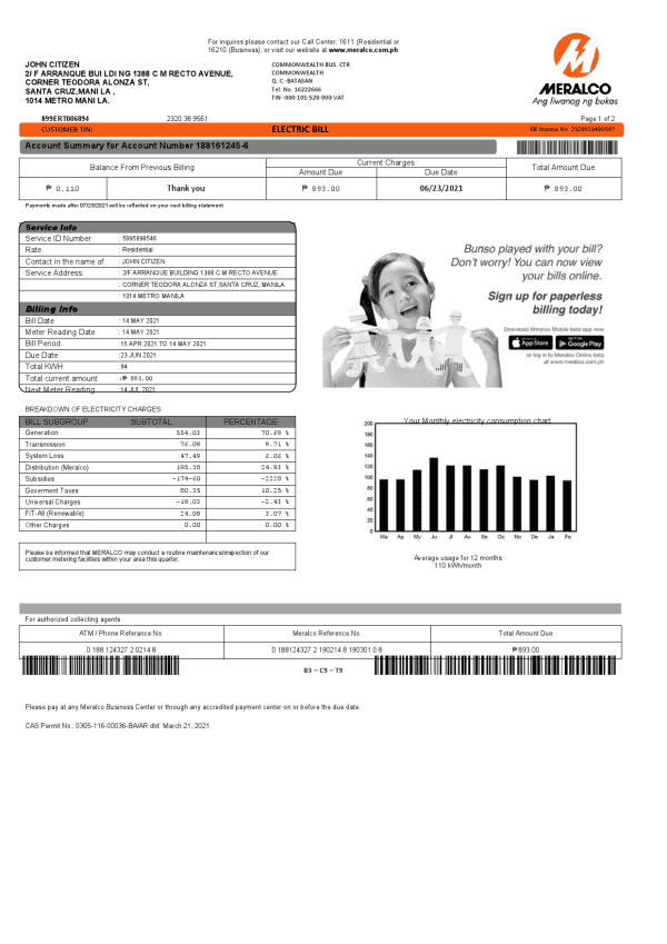 Meralco.png Philippines Meralco electricity utility bill template in Word and PDF format