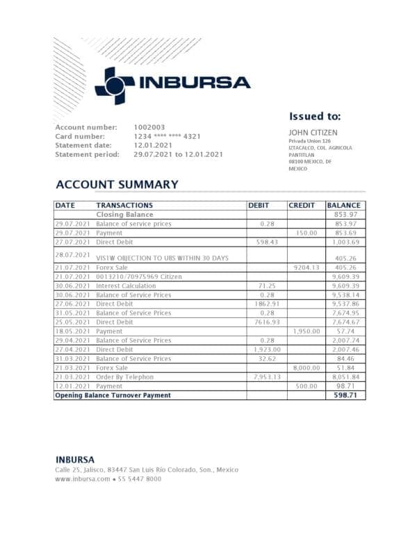 Mexico Inbursa Bank statement easy to fill template in Excel and PDF format