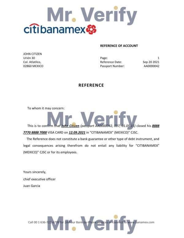 Mexico Citibanamex bank account closure reference letter template in Word and PDF format