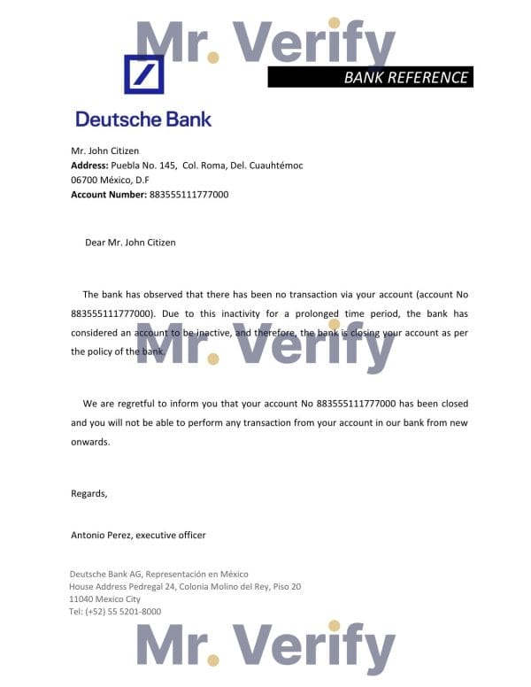 Mexico Deutsche Bank bank account closure reference letter template in Word and PDF format
