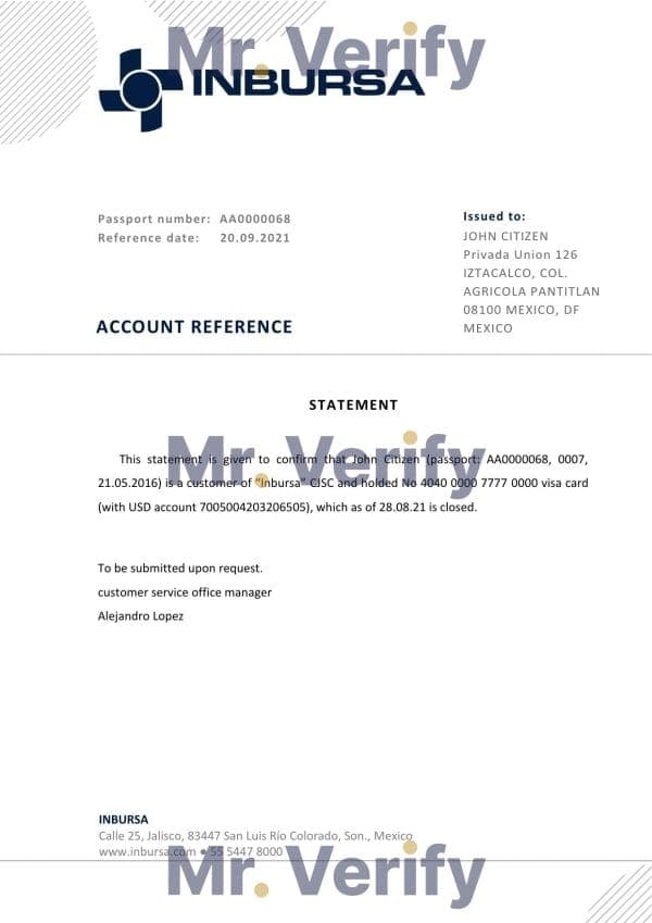 Mexico Inbursa bank account closure reference letter template in Word and PDF format