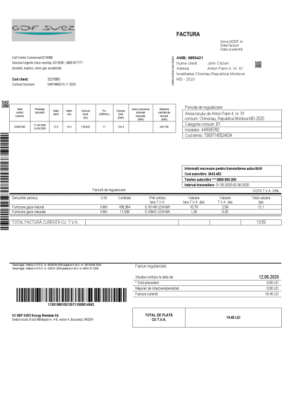 Moldova GDF SUEZ Gas utility bill template in Word and PDF format