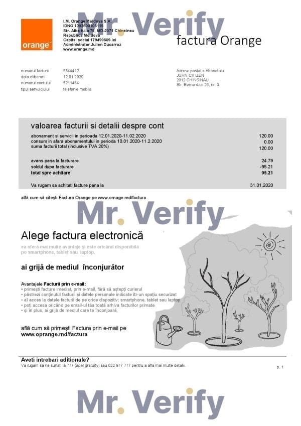Moldova Orange Utility Bill Template, fully editable in PSD format