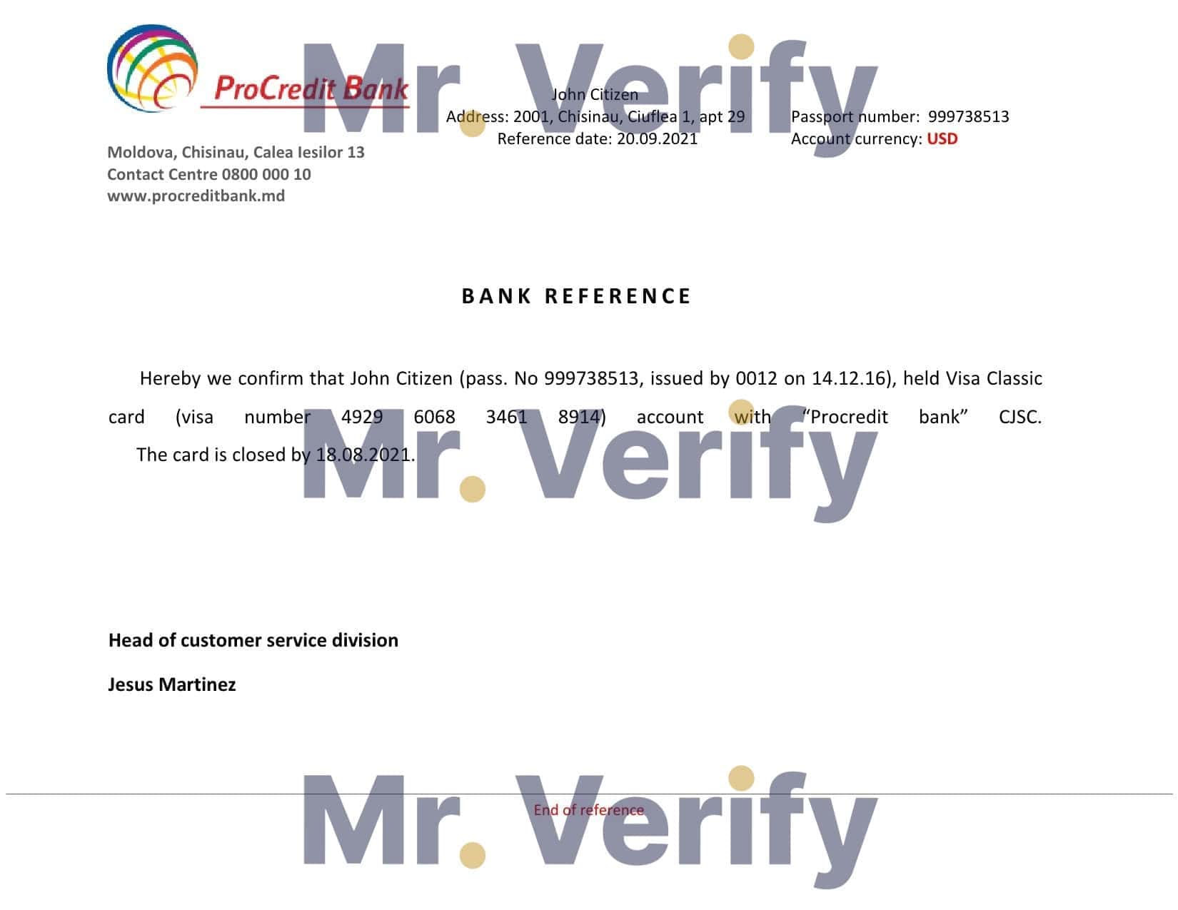 Moldova ProCredit Bank bank account closure reference letter template in Word and PDF format Moldova ProCredit Bank bank account closure reference letter template in Word and PDF format