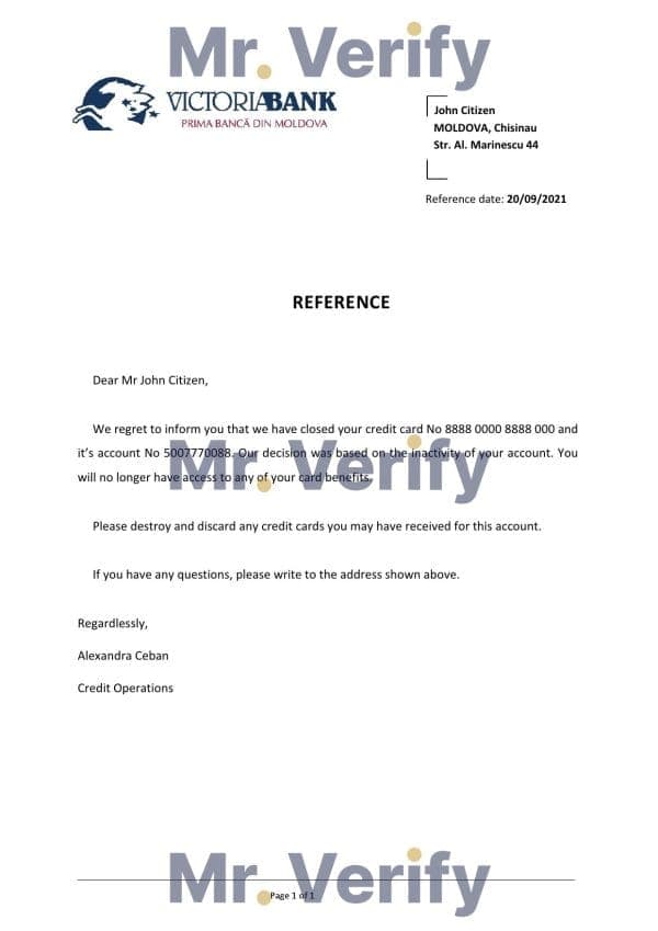 Moldova Victoriabank bank account closure reference letter template in Word and PDF format Moldova Victoriabank bank account closure reference letter template in Word and PDF format