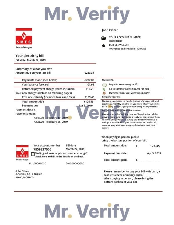 Monaco SMEG electricity utility bill template in Word and PDF format