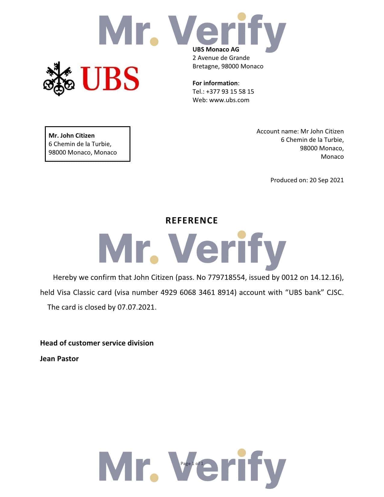 Monaco UBS bank account closure reference letter template in Word and PDF format Monaco UBS bank account closure reference letter template in Word and PDF format