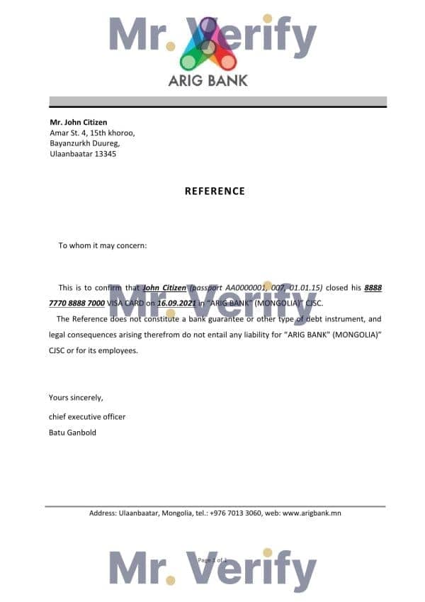 Mongolia Arig Bank bank account closure reference letter template in Word and PDF format Mongolia Arig Bank bank account closure reference letter template in Word and PDF format