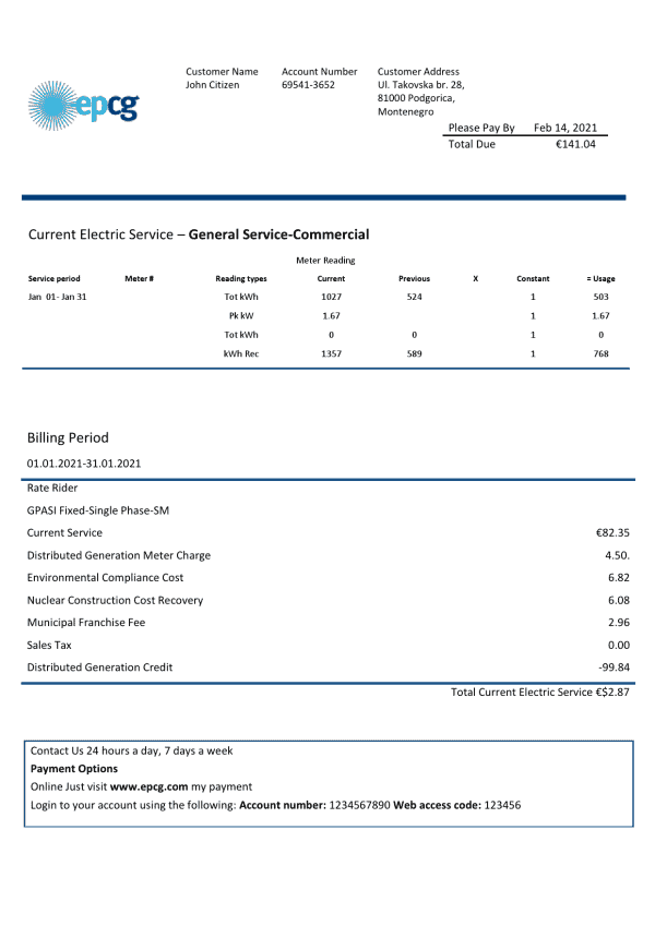 Montenegro Elektroprivreda Crne Gore (EPCG) electricity utility bill template in Word and PDF format