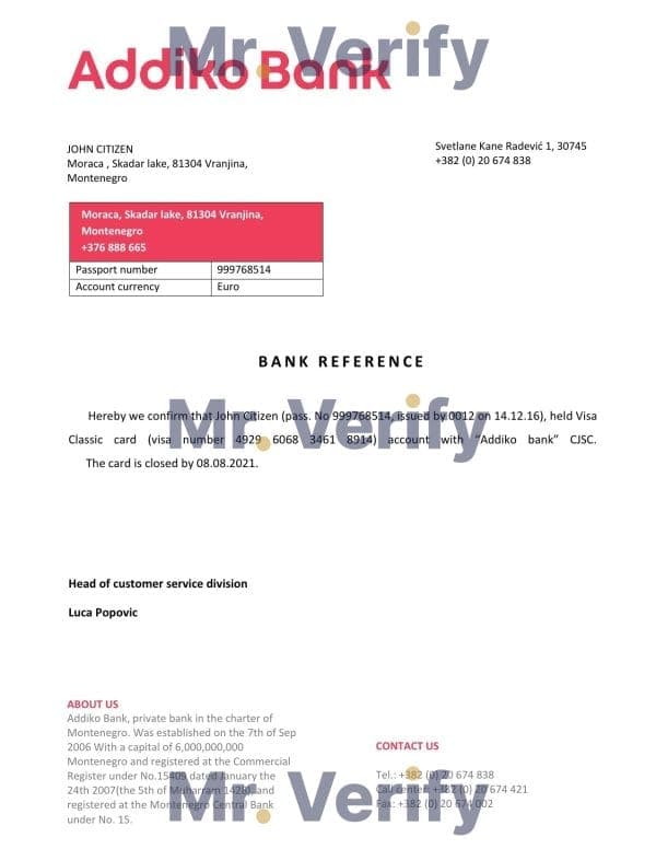 Montenegro Addiko Bank bank account closure reference letter template in Word and PDF format Montenegro Addiko Bank bank account closure reference letter template in Word and PDF format