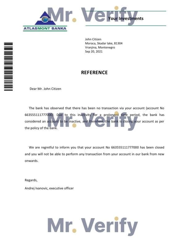 Montenegro Atlasmont banka bank account closure reference letter template in Word and PDF format Montenegro Atlasmont banka bank account closure reference letter template in Word and PDF format