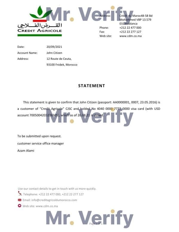 Morocco Credit Agricole bank account closure reference letter template in Word and PDF format Morocco Credit Agricole bank account closure reference letter template in Word and PDF format