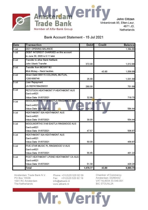 Netherlands Amsterdam Trade Bank statement template in Excel and PDF format