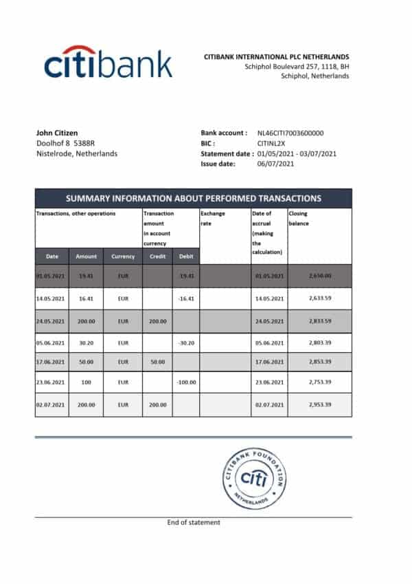 Netherlands-Citibank_000001.jpg Netherlands Citibank bank statement template in .xls and .pdf file format