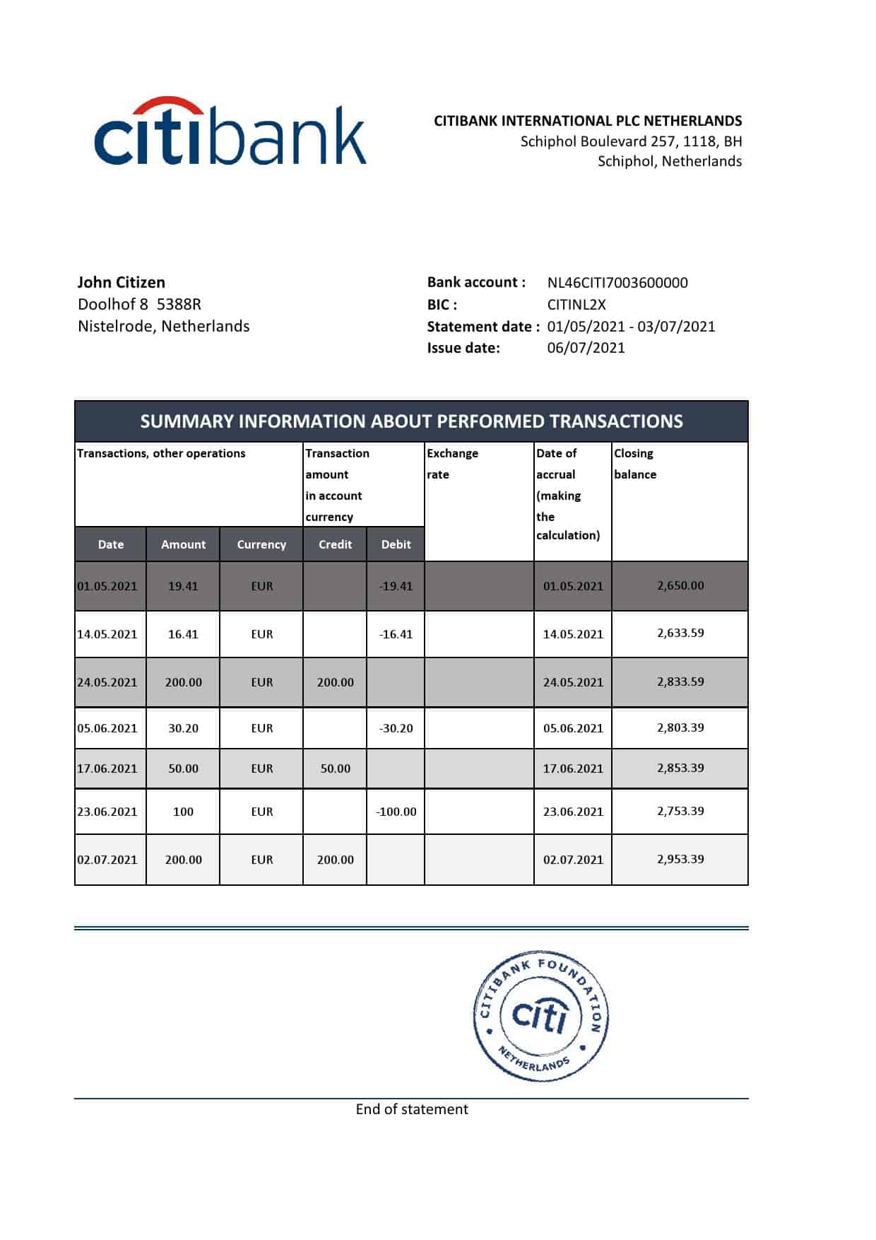 Netherlands-Citibank_000001.jpg Netherlands Citibank bank statement template in .xls and .pdf file format