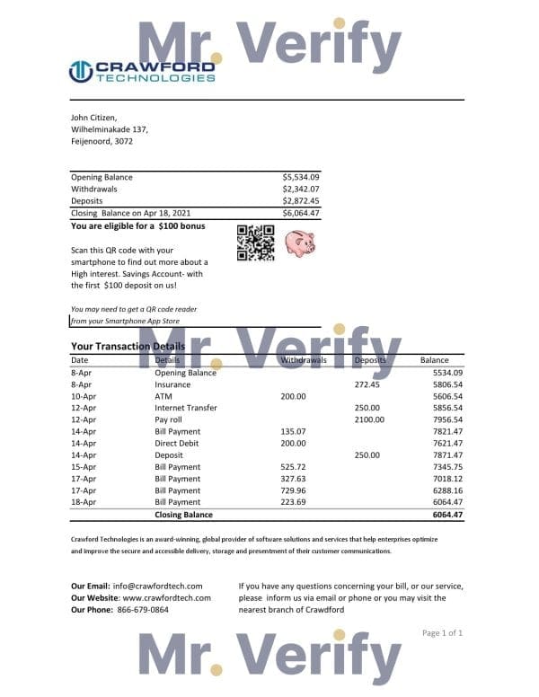 Netherlands (Holland) Crawford Technologies Bank statement easy to fill template in Excel and PDF format