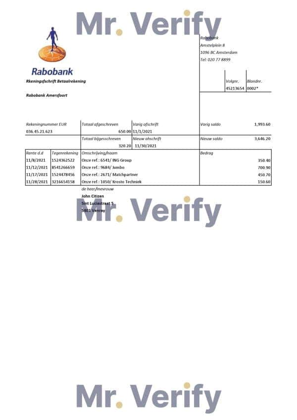 Netherlands Rabobank bank statement easy to fill template in .xls and .pdf file format