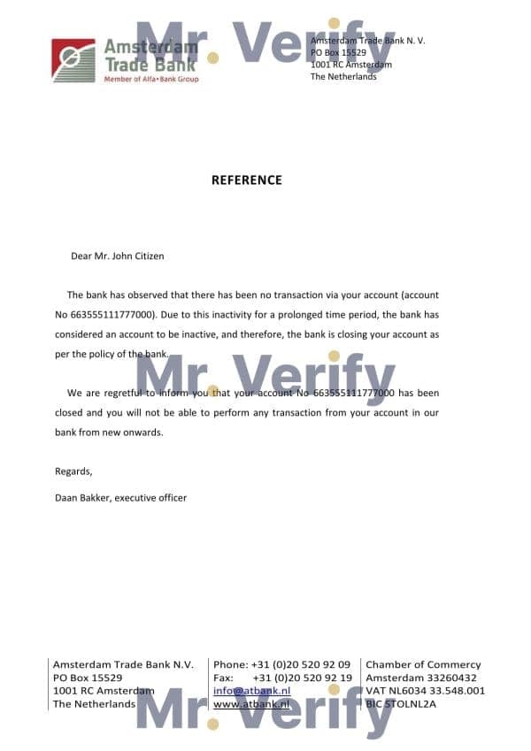 Netherlands Amsterdam Trade Bank account closure certificate template in Word and PDF format Netherlands Amsterdam Trade Bank account closure certificate template in Word and PDF format