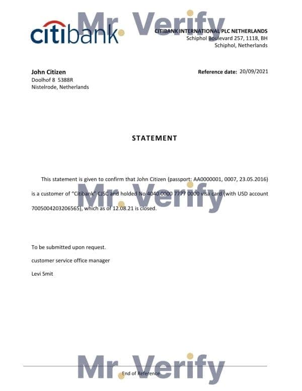 Netherlands Citibank account closure certificate template in Word and PDF format Netherlands Citibank account closure certificate template in Word and PDF format
