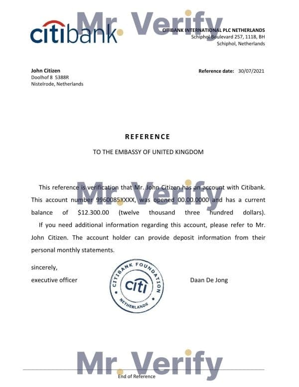 Netherlands Citibank account balance certificate template in Word and PDF format Netherlands Citibank account balance certificate template in Word and PDF format