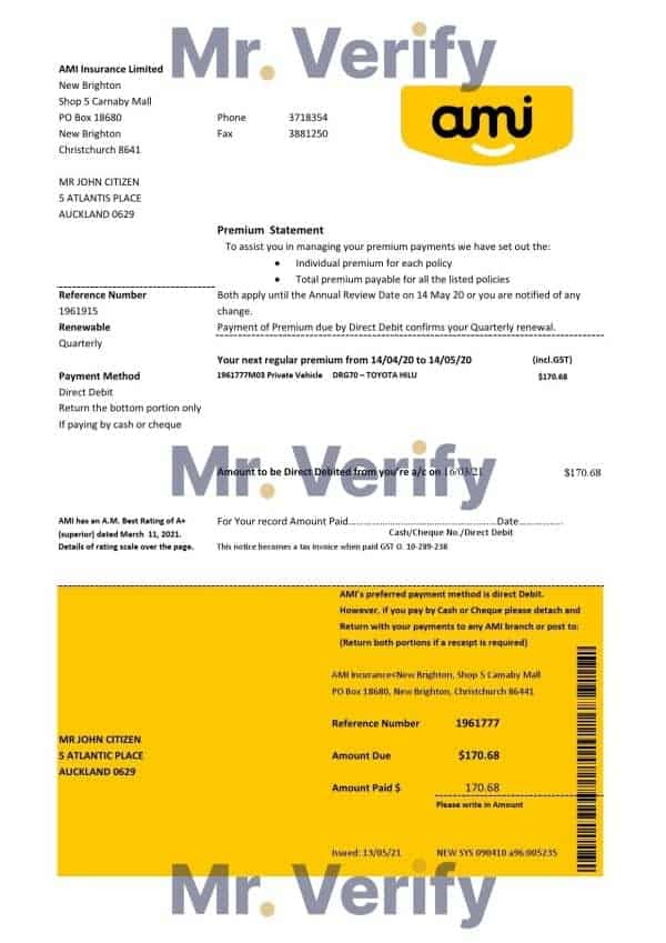 New Zealand Ami Insurance Limited bank statement template in Excel and PDF format
