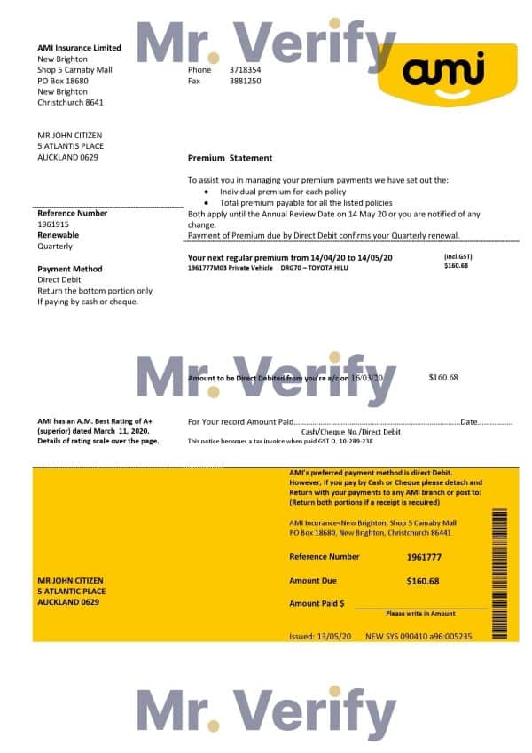 New Zealand Ami Insurance Limited bank statement template in Word and PDF format