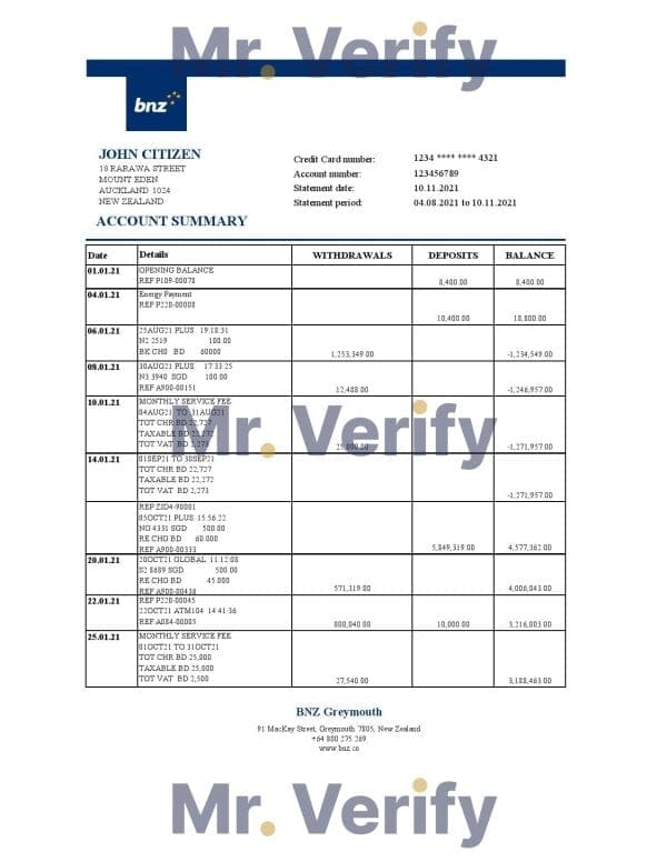 New Zealand BNZ Greymouth Bank statement easy to fill template in .xls and .pdf format