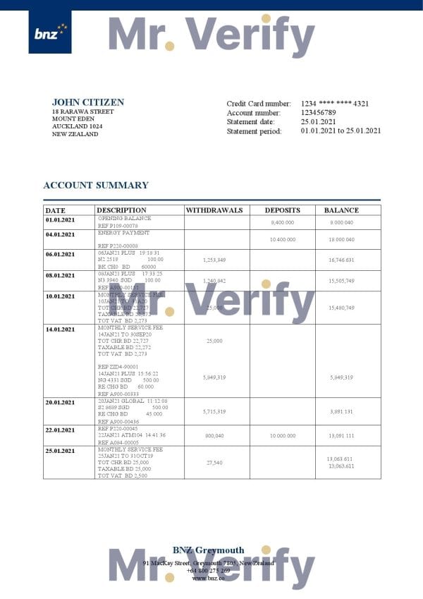 New Zealand BNZ Greymouth bank statement template in Word and PDF format