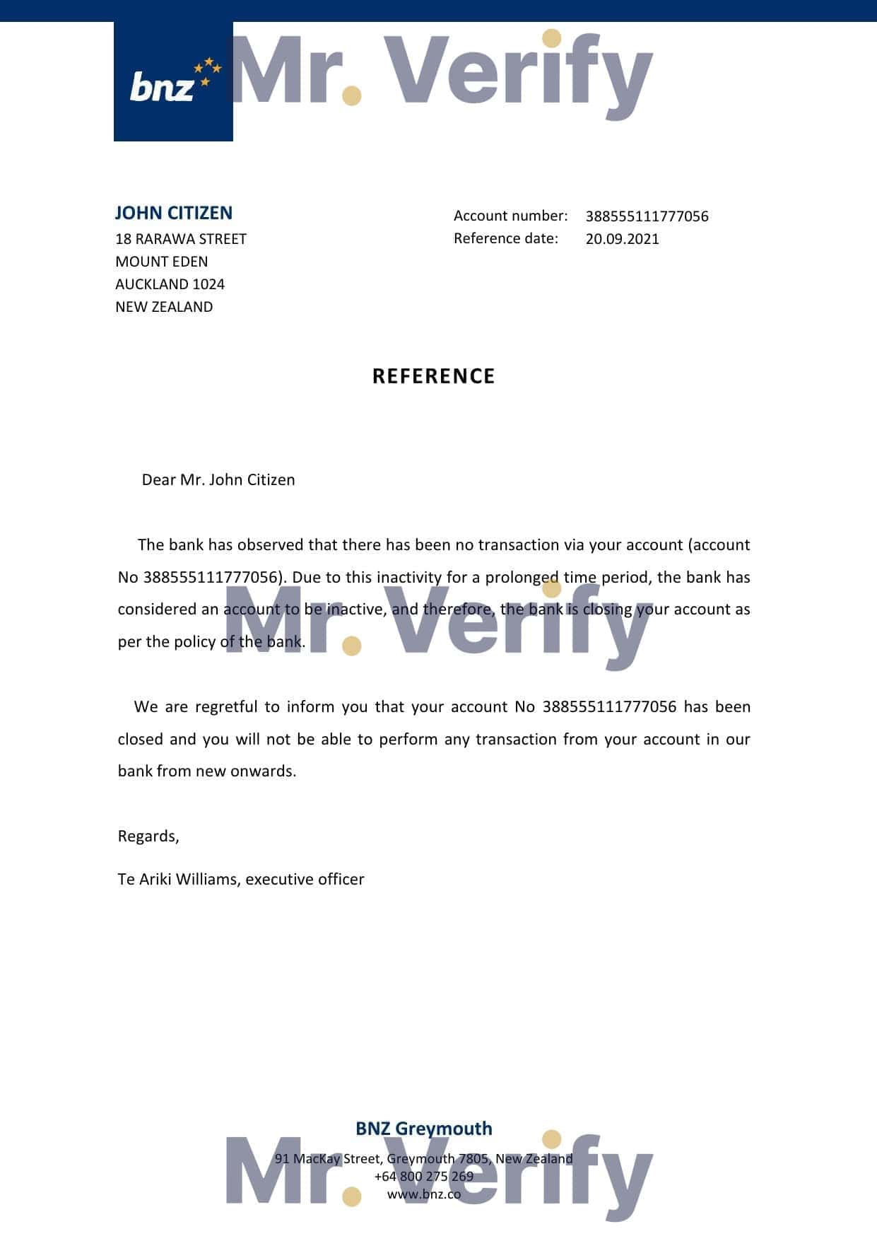New Zealand BNZ bank account closure reference letter template in Word and PDF format New Zealand BNZ bank account closure reference letter template in Word and PDF format