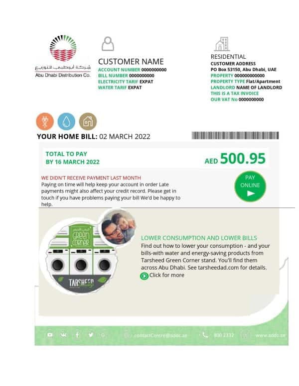 UAE Abu Dhabi Distribution Co. utility bill template in Word and PDF format