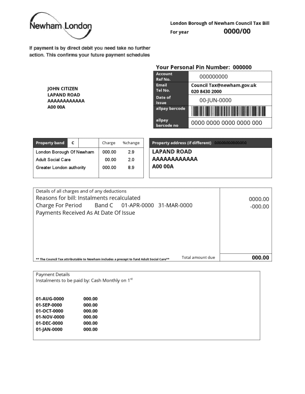 Newham-London.png United Kingdom London of Borough of Newham council tax bill template in Word and PDF format