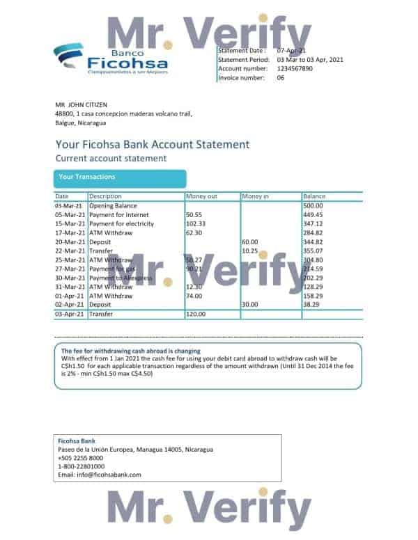 Nicaragua Banco Ficohsa bank statement easy to fill template in Excel and PDF format