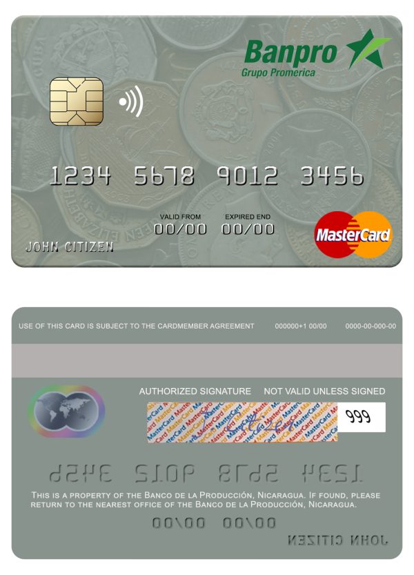 Editable Nicaragua Banco de la Producción mastercard credit card Templates
