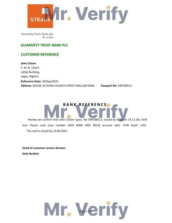 Nigeria GTBank bank account closure reference letter template in Word and PDF format Nigeria GTBank bank account closure reference letter template in Word and PDF format