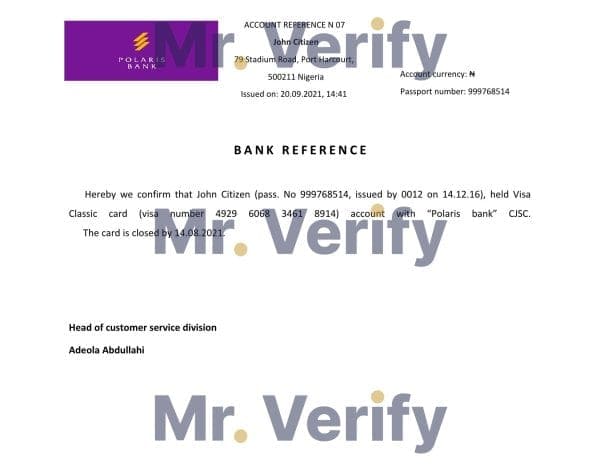 Nigeria Polaris Bank bank account closure reference letter template in Word and PDF format Nigeria Polaris Bank bank account closure reference letter template in Word and PDF format