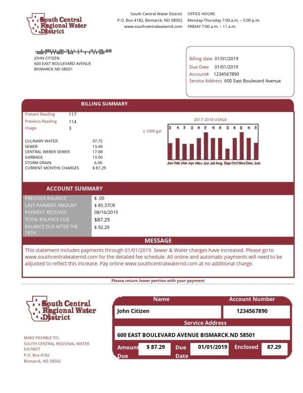 USA North Dakota South Central Regional Water District utility bill template in Word and PDF format