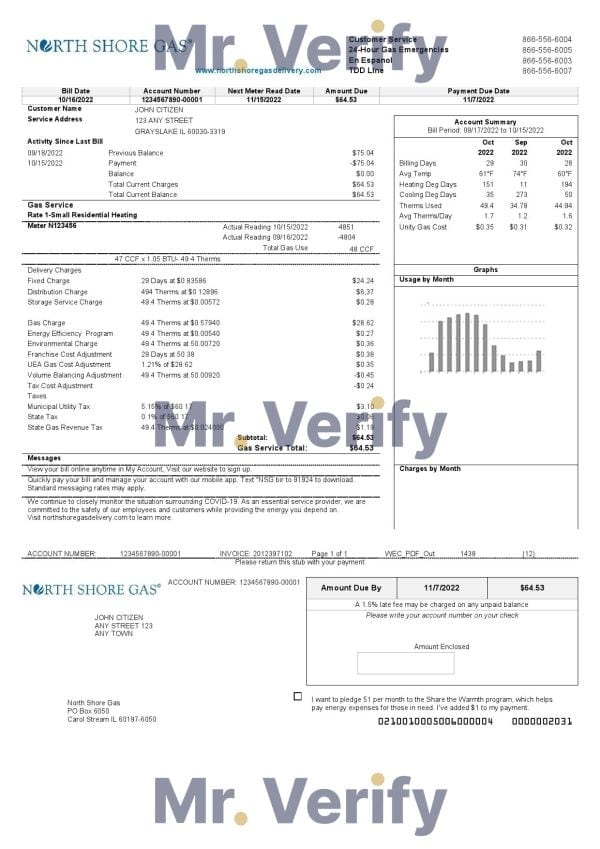 USA Illinois North Shore Gas utility bill template in Word and PDF format