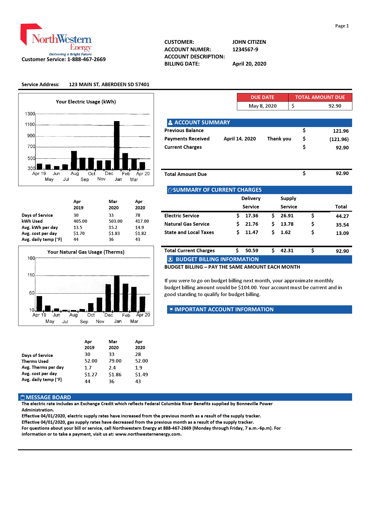 NorthWest-Energy.png USA NorthWestern Energy utility bill template in Word and PDF format, version 1