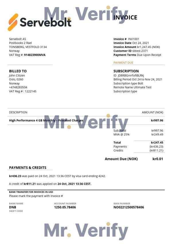 Norway Servebolt high performance hosting company invoice template in Word and PDF format, fully editable