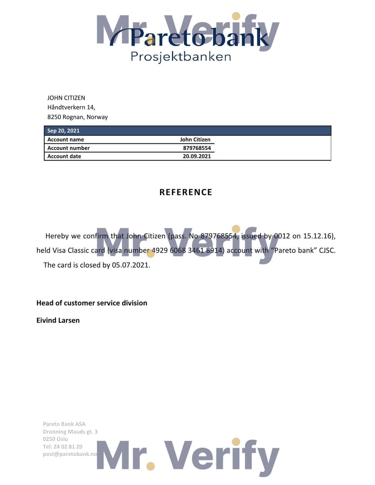 Norway Pareto Bank bank account closure reference letter template in Word and PDF format Norway Pareto Bank bank account closure reference letter template in Word and PDF format