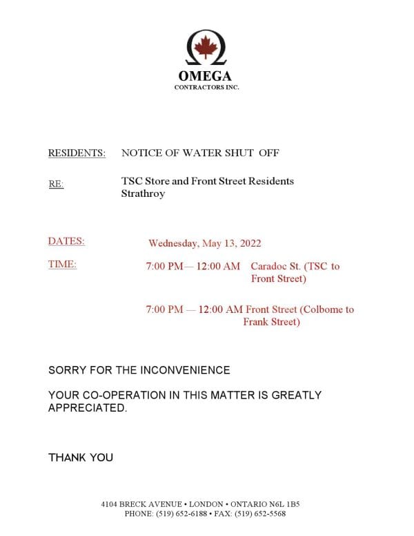 NoticeWaterShut-Down.jpg Canada Ontario Omega Contractors Inc. water utility bill shutoff notice, Word and PDF template