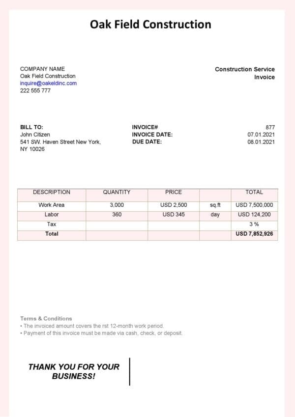 USA Oak Field Construction invoice template in Word and PDF format, fully editable