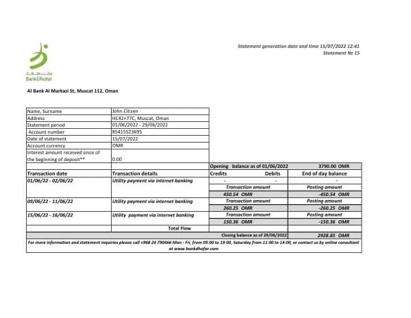 Oman Bank Dhofar bank statement Excel and PDF template