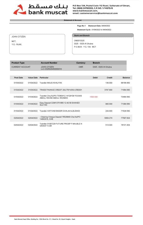 Oman Muscat Bank statement, Word and PDF template