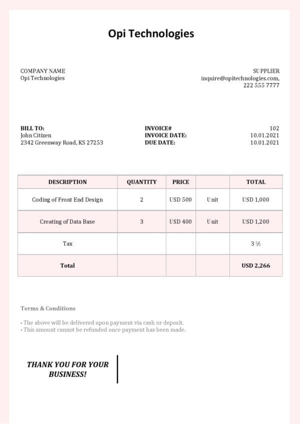 USA Opi Technologies invoice template in Word and PDF format, fully editable