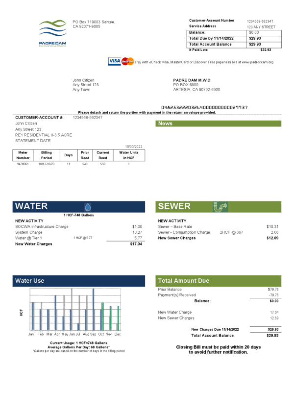 Padredam.png USA California Padredam utility bill template in Word and PDF format