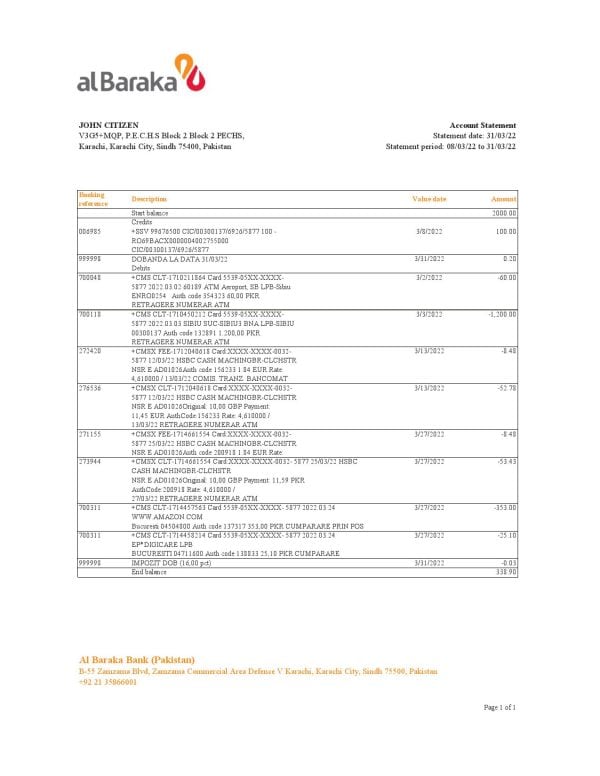 Pakistan Al Baraka bank statement Excel and PDF template