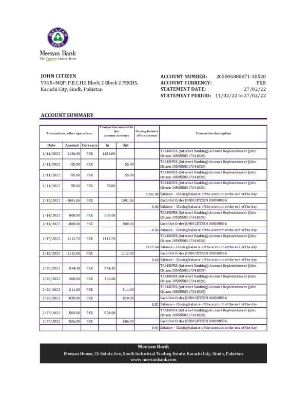 Pakistan Meezan bank statement Excel and PDF template